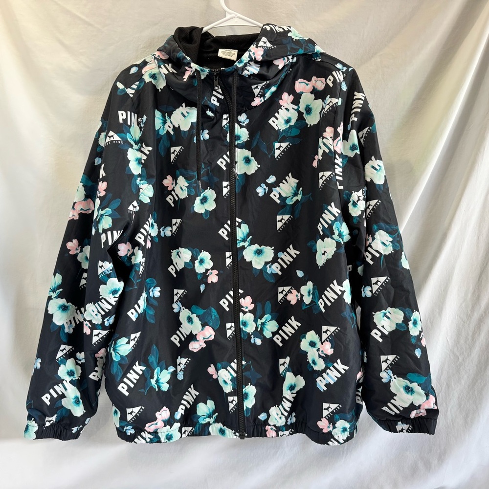 PINK Victoria's Secret Black Floral and Logo Print Windbreaker Jacket size M/L
